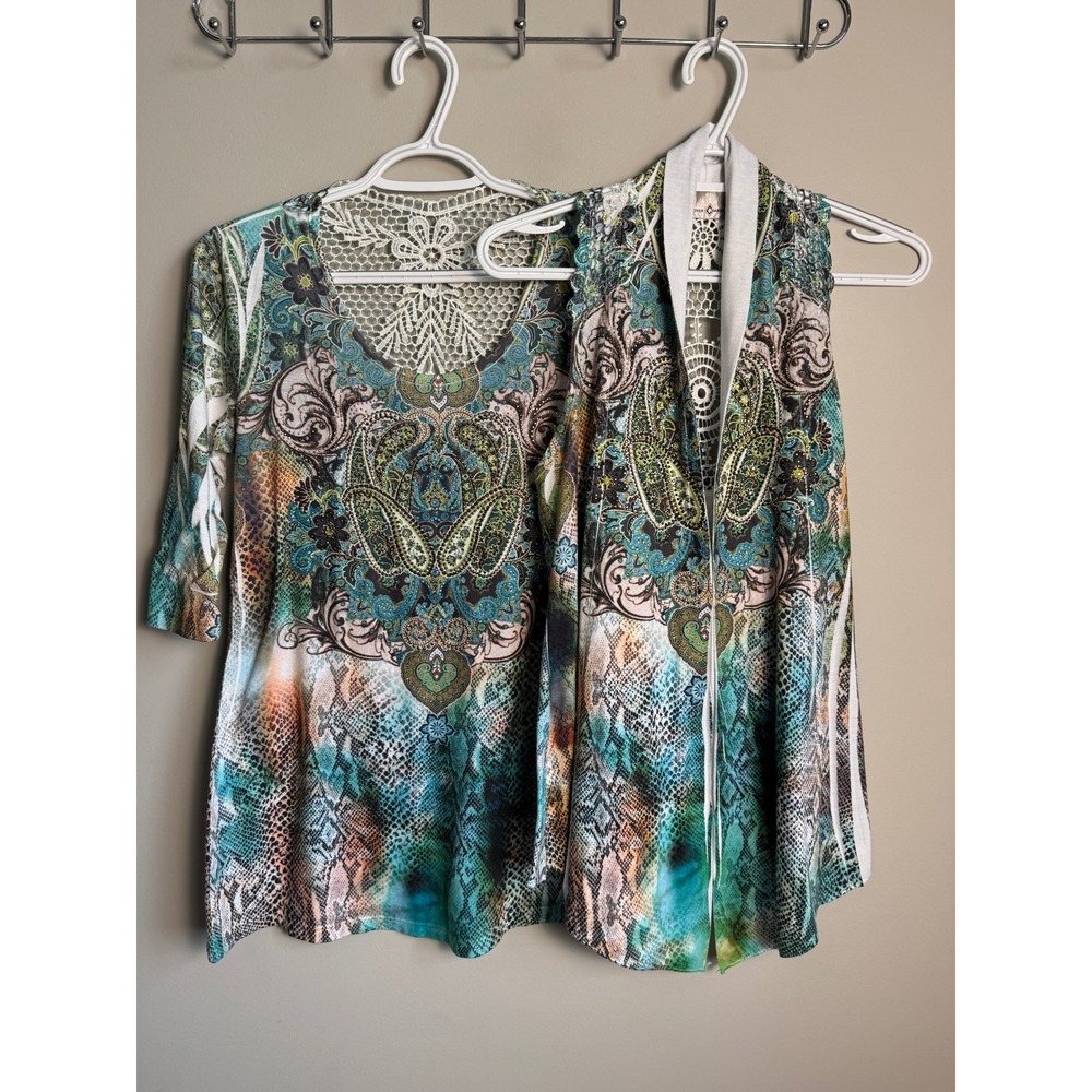 Cover Charge 2 Piece Shirt and Vest Set Womens S Multicolor Peacock Boho Paisley